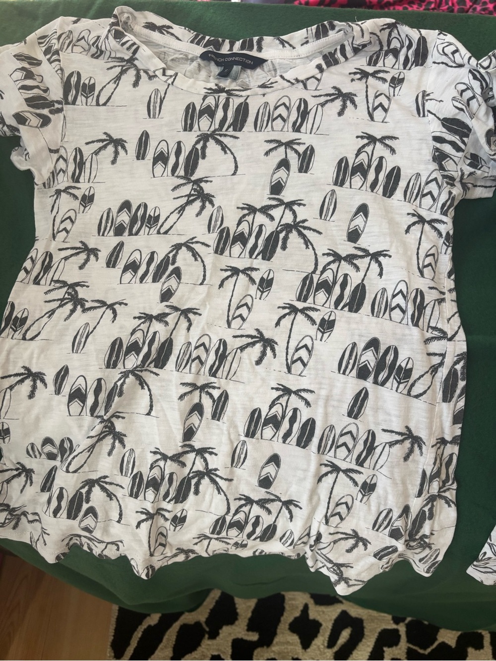 French Connection White Tee with Black Surfboard & Palm Print